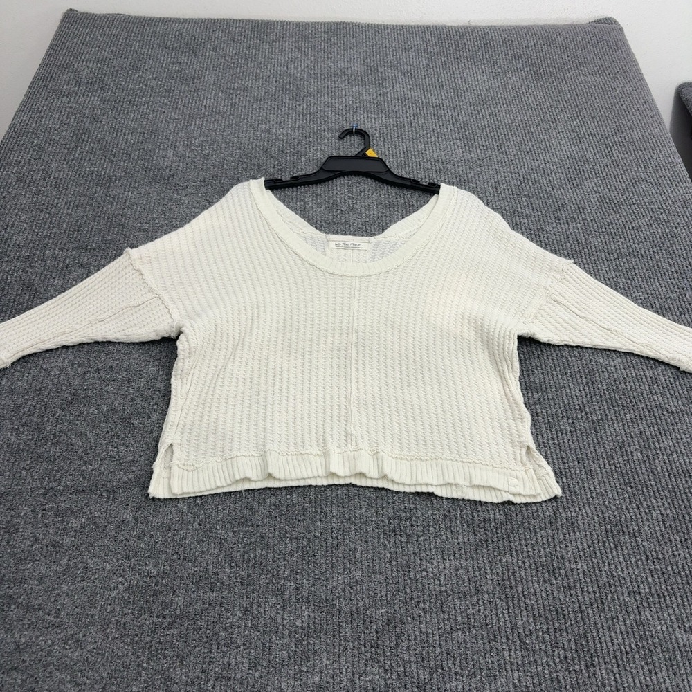 We The Free Sweater Womens S Ivory Cotton Knit Raw Hem V-Neck Cropped Boho Style